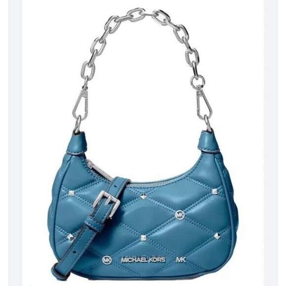 New Michael Kors Cora Extra-Small Quilted Shoulder Bag Mini Zip Pouchette Teal - Picture 1 of 6